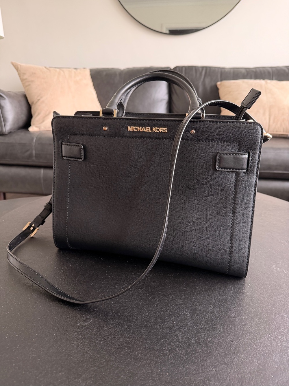 Michael Kors Black Saffiano Leather Satchel with Gold Hardware